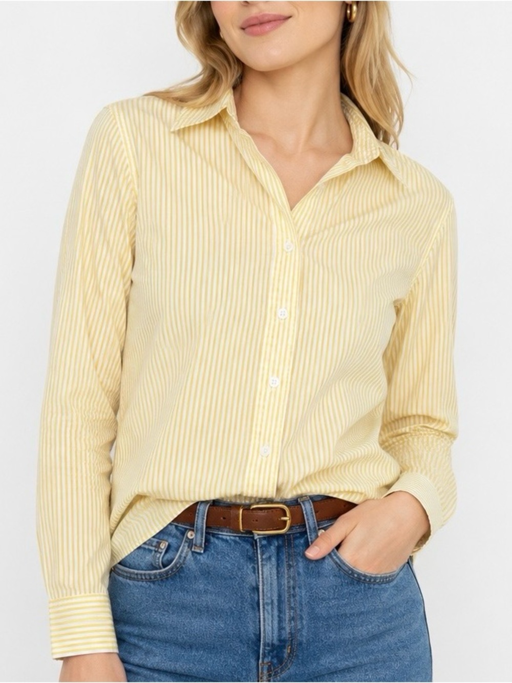 Lauren Ralph Lauren Yellow White Striped Button Down Shirt Preppy Coastal Small